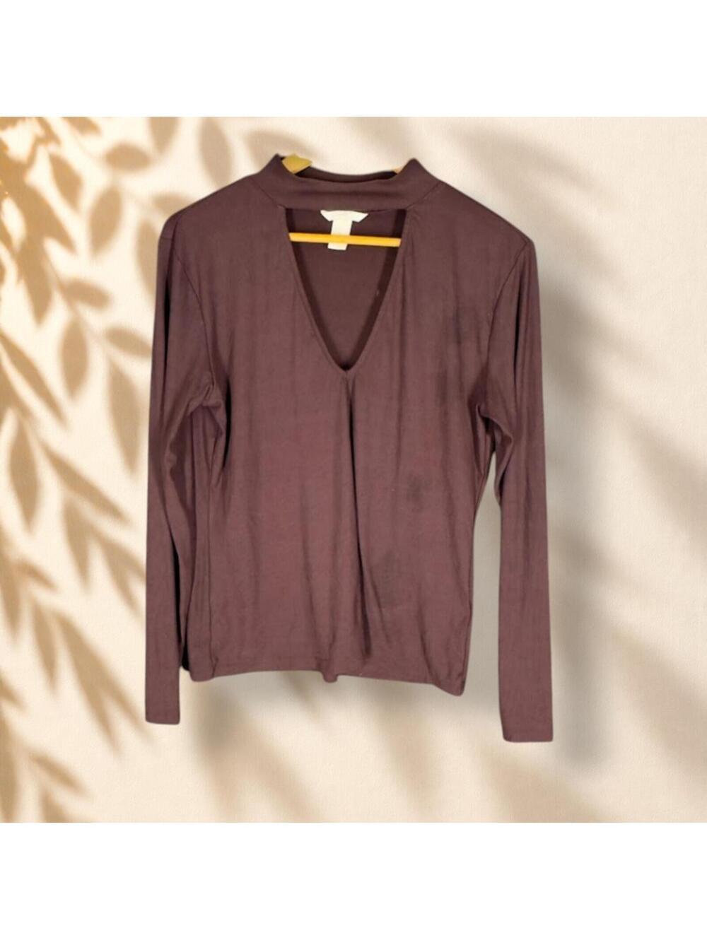 H&M Blouse Women L Large Purple Long Sleeve V-Neck Pullover Casual Solid Stretch